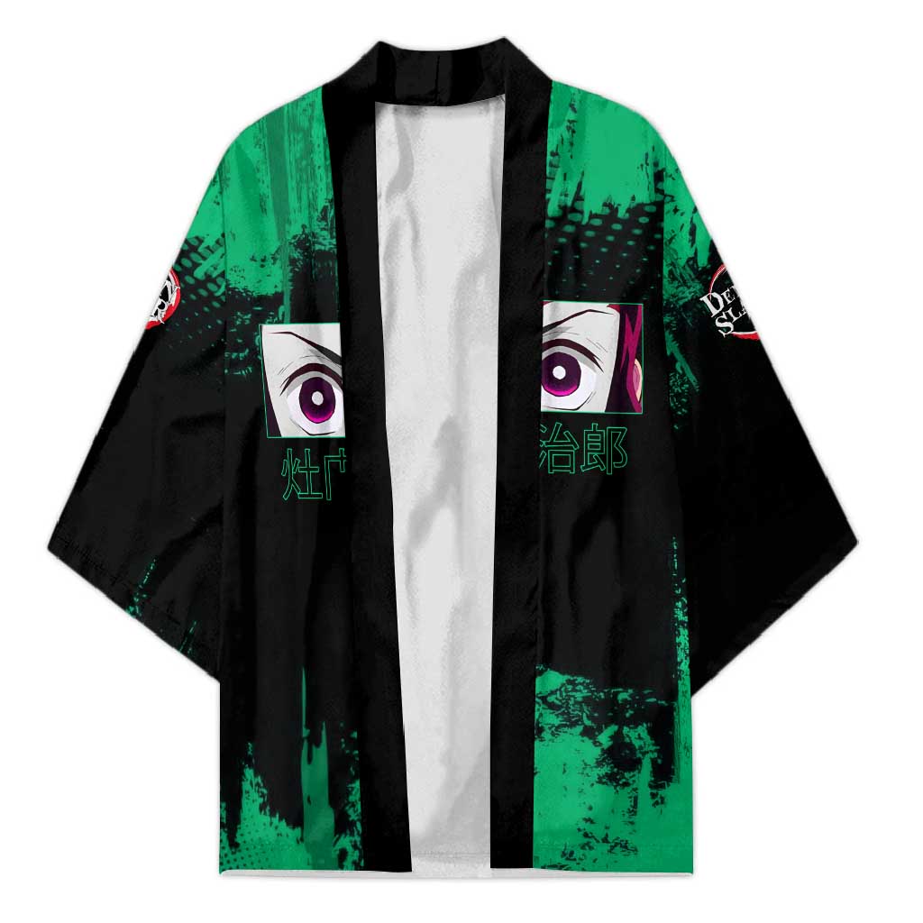 Tanjiro Kamado Demon Slayer Green Grunge Design Kimono with Determined Eyes and Classic Checkered Haori - The Mazicc