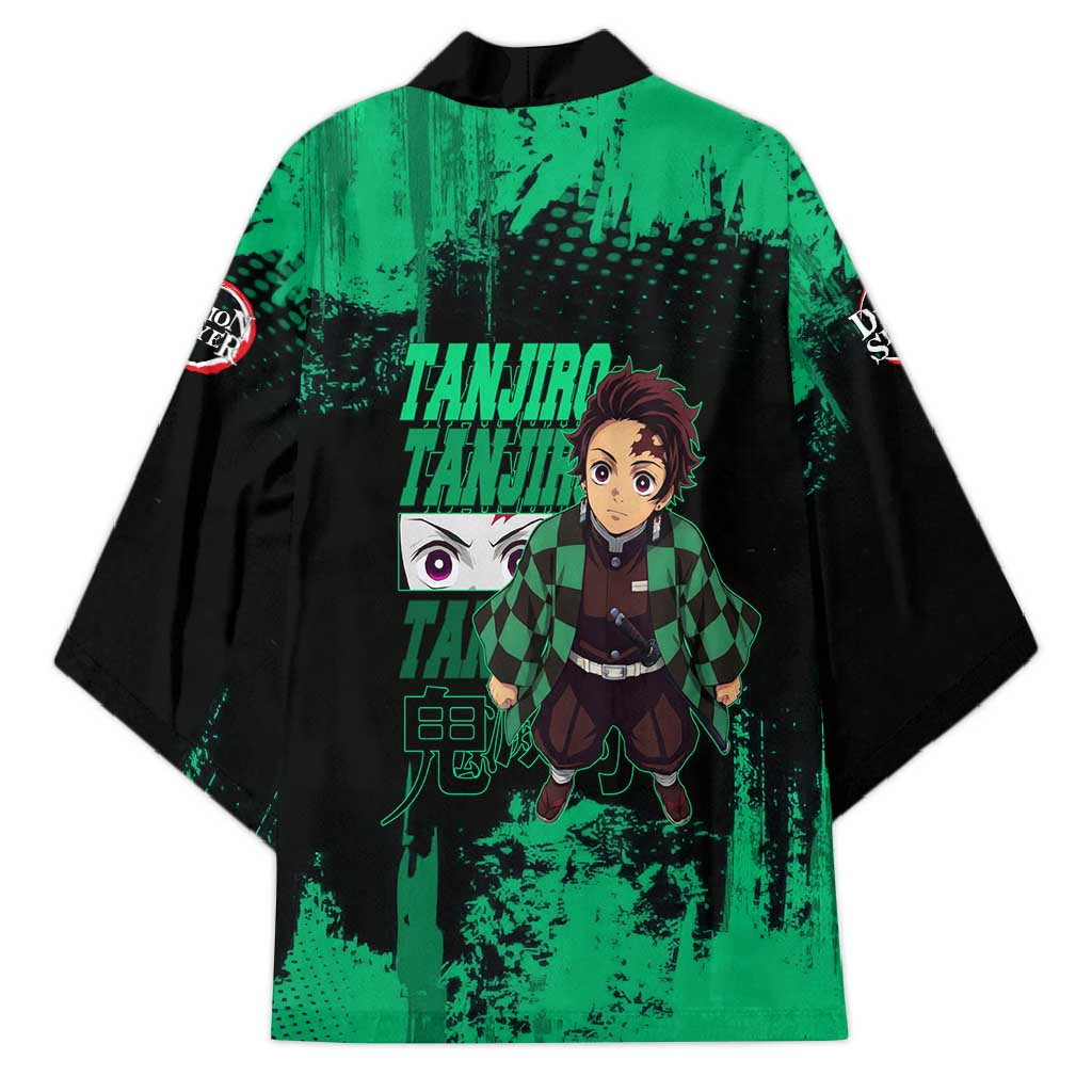 Tanjiro Kamado Demon Slayer Green Grunge Design Kimono with Determined Eyes and Classic Checkered Haori - The Mazicc
