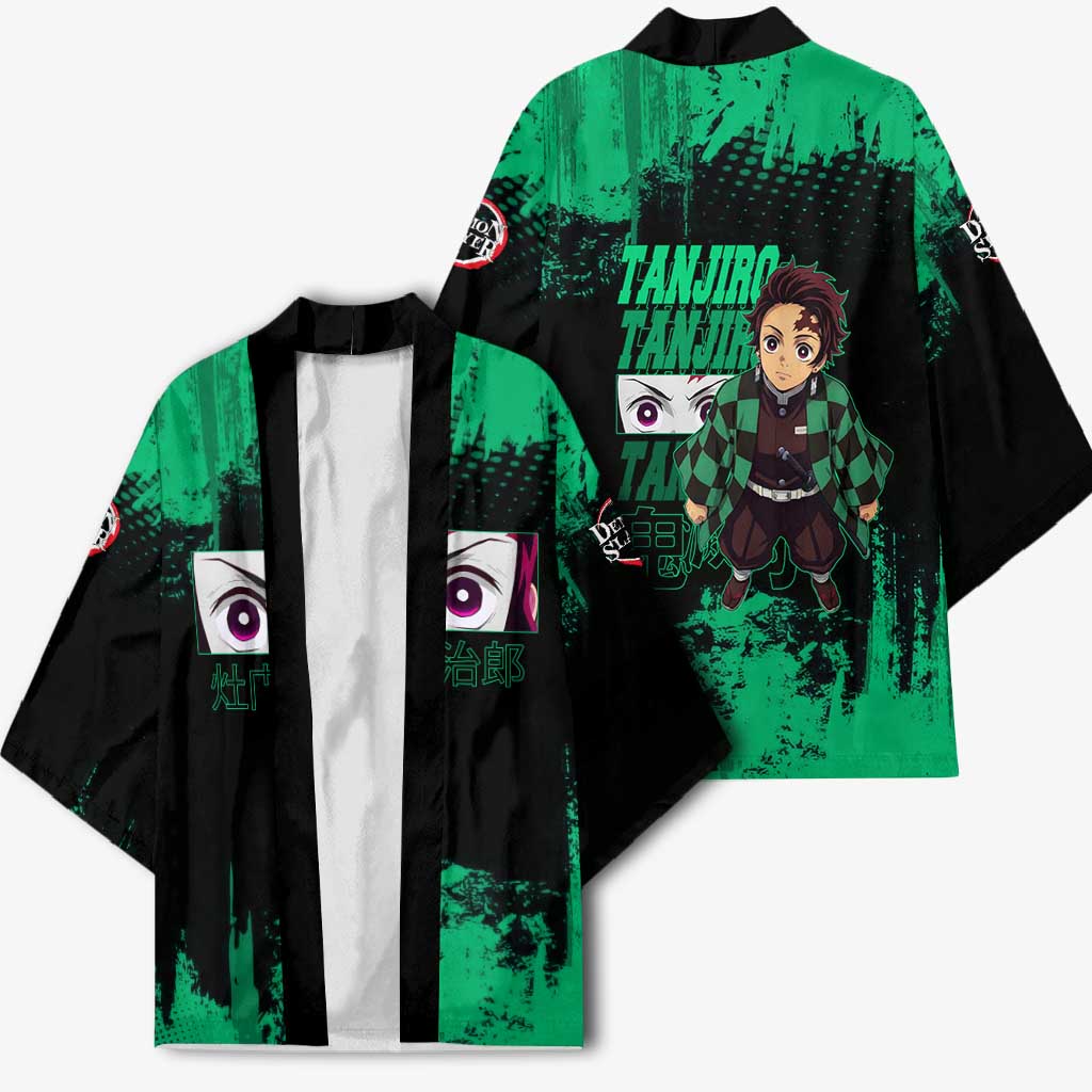 Tanjiro Kamado Demon Slayer Green Grunge Design Kimono with Determined Eyes and Classic Checkered Haori - The Mazicc