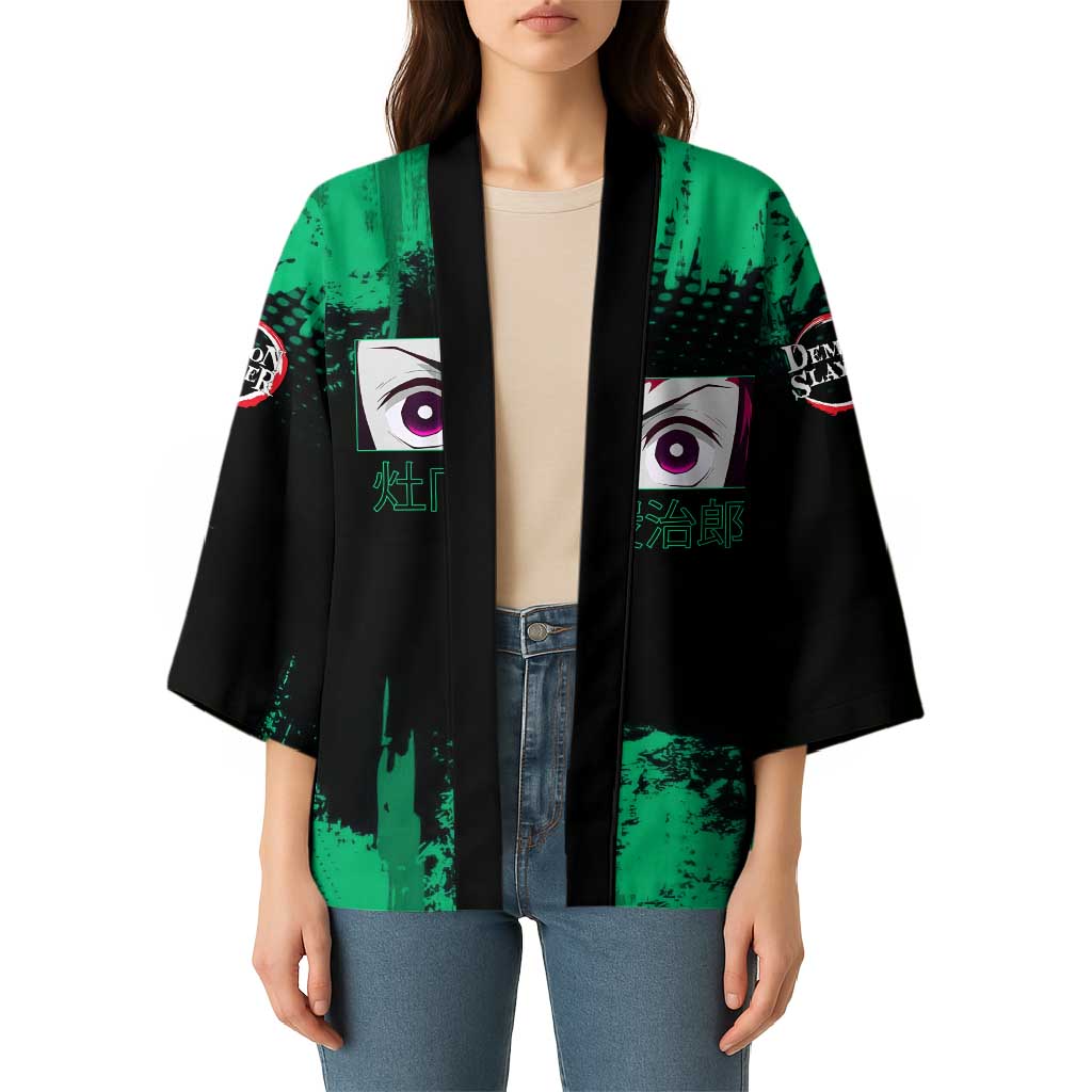 Tanjiro Kamado Demon Slayer Green Grunge Design Kimono with Determined Eyes and Classic Checkered Haori - The Mazicc
