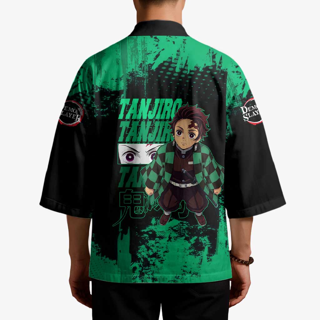 Tanjiro Kamado Demon Slayer Green Grunge Design Kimono with Determined Eyes and Classic Checkered Haori - The Mazicc