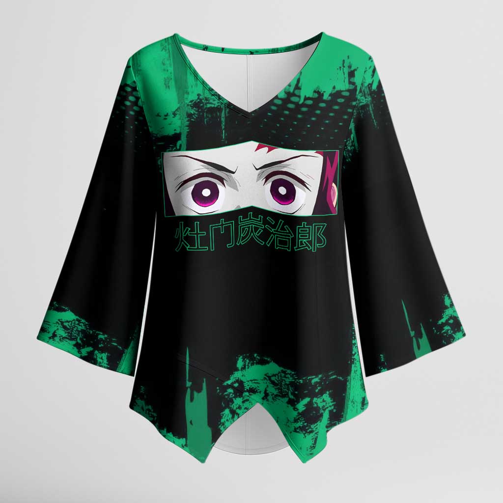 Tanjiro Kamado Demon Slayer Green Grunge Design Kimono Sleeve Blouse with Determined Eyes and Classic Checkered Haori - The Mazicc