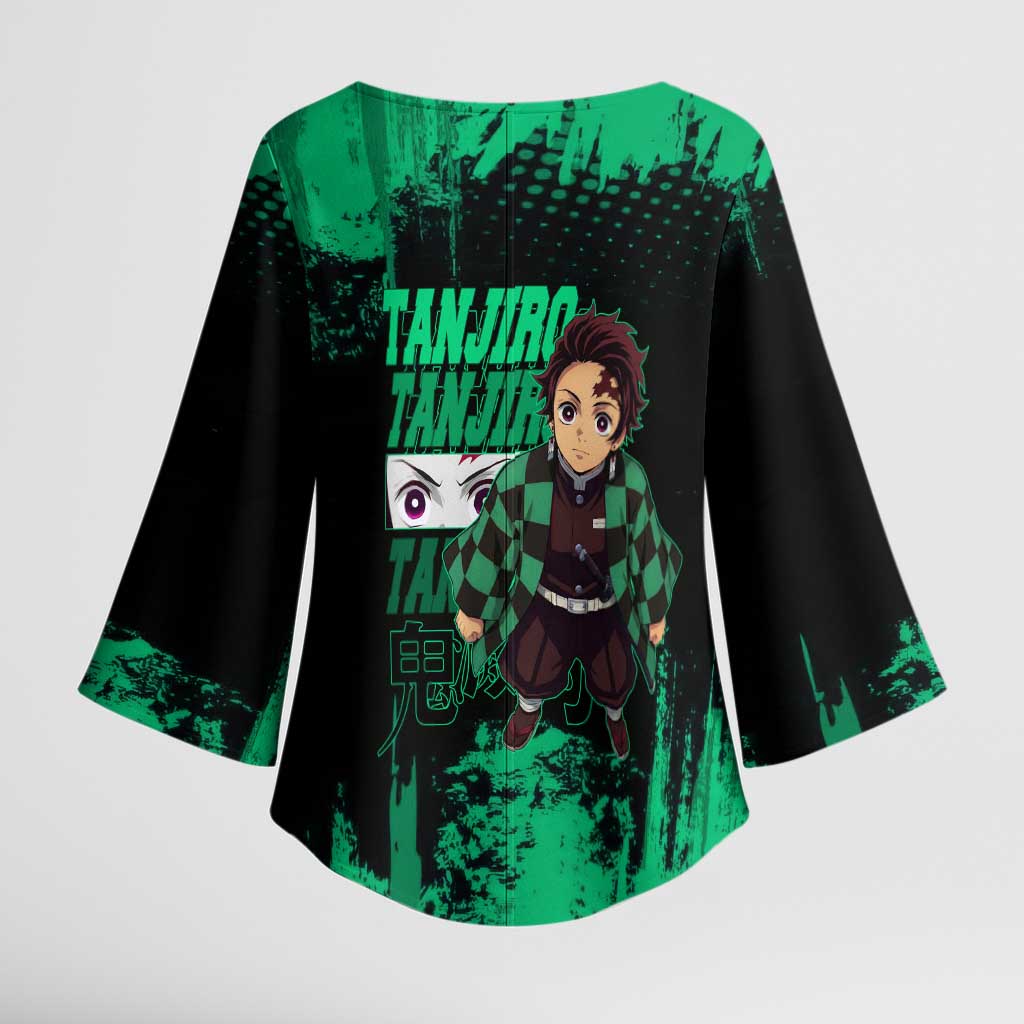 Tanjiro Kamado Demon Slayer Green Grunge Design Kimono Sleeve Blouse with Determined Eyes and Classic Checkered Haori - The Mazicc