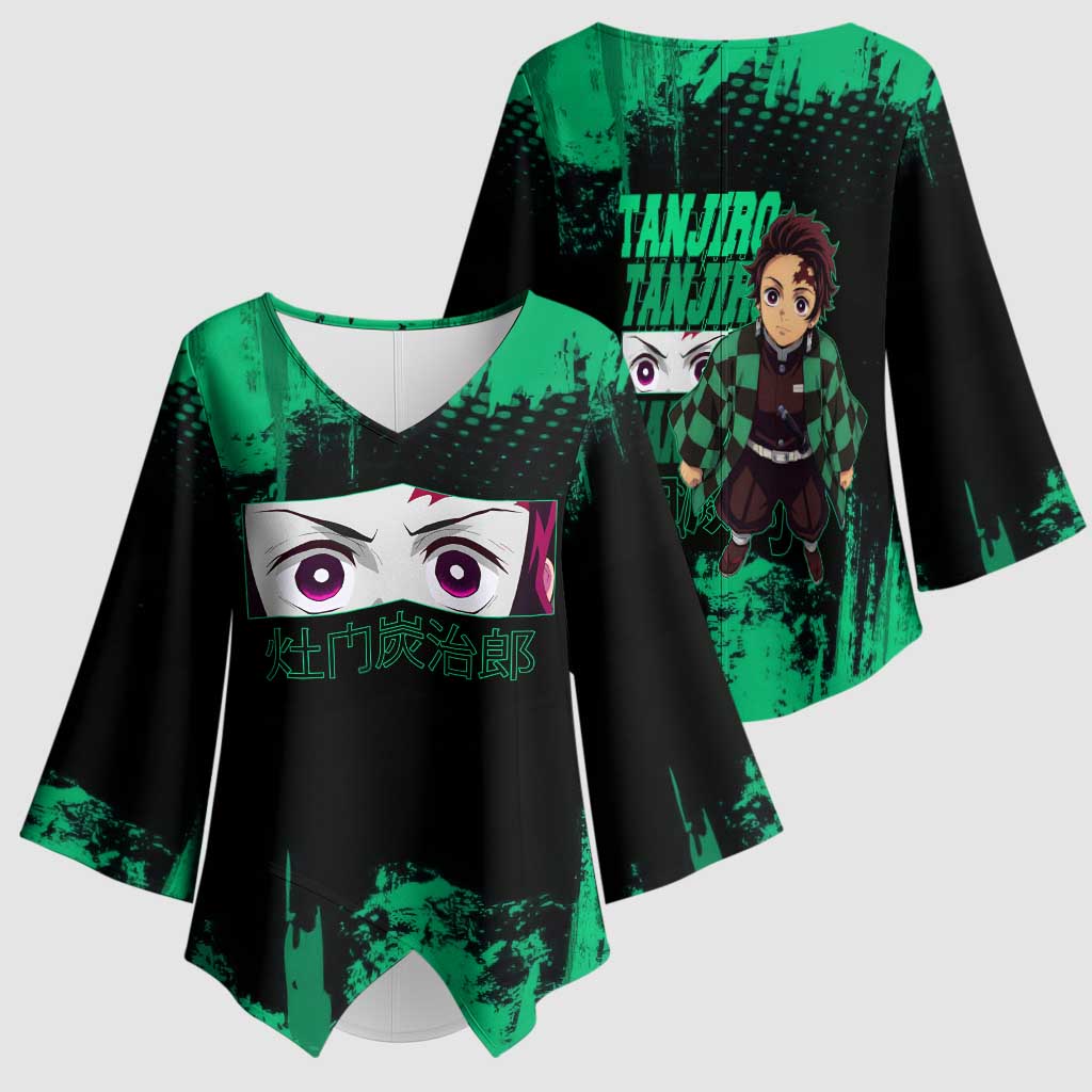 Tanjiro Kamado Demon Slayer Green Grunge Design Kimono Sleeve Blouse with Determined Eyes and Classic Checkered Haori - The Mazicc