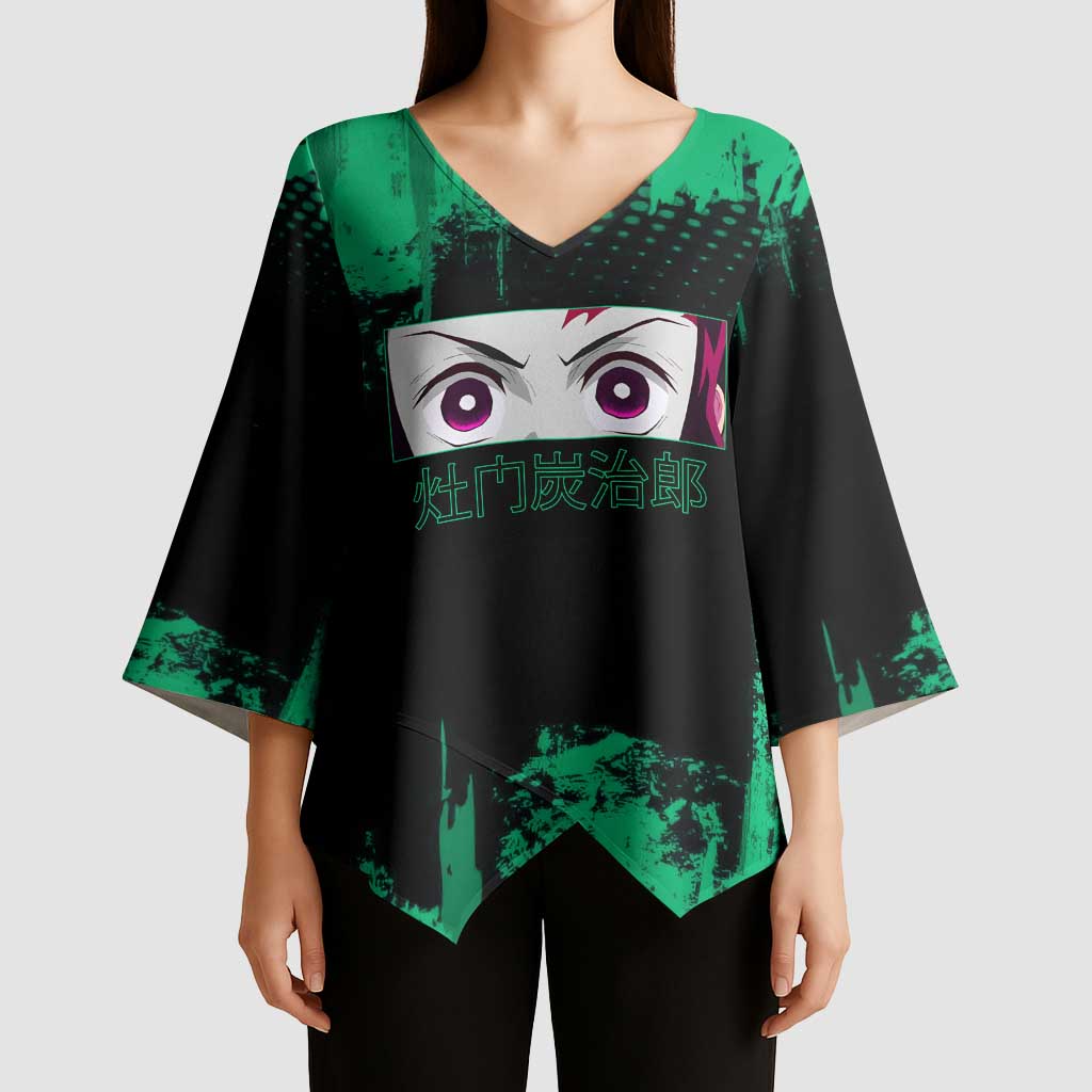 Tanjiro Kamado Demon Slayer Green Grunge Design Kimono Sleeve Blouse with Determined Eyes and Classic Checkered Haori - The Mazicc