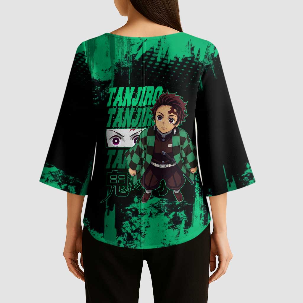 Tanjiro Kamado Demon Slayer Green Grunge Design Kimono Sleeve Blouse with Determined Eyes and Classic Checkered Haori - The Mazicc