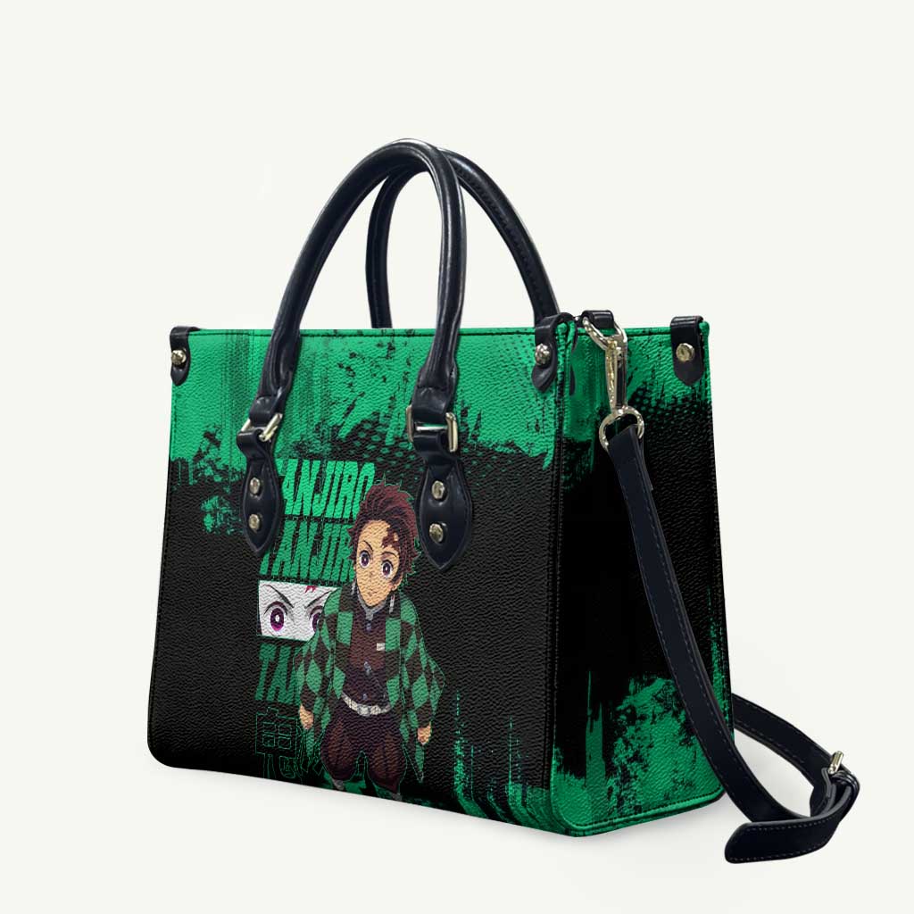 Tanjiro Kamado Demon Slayer Green Grunge Design Leather Bag with Determined Eyes and Classic Checkered Haori - The Mazicc