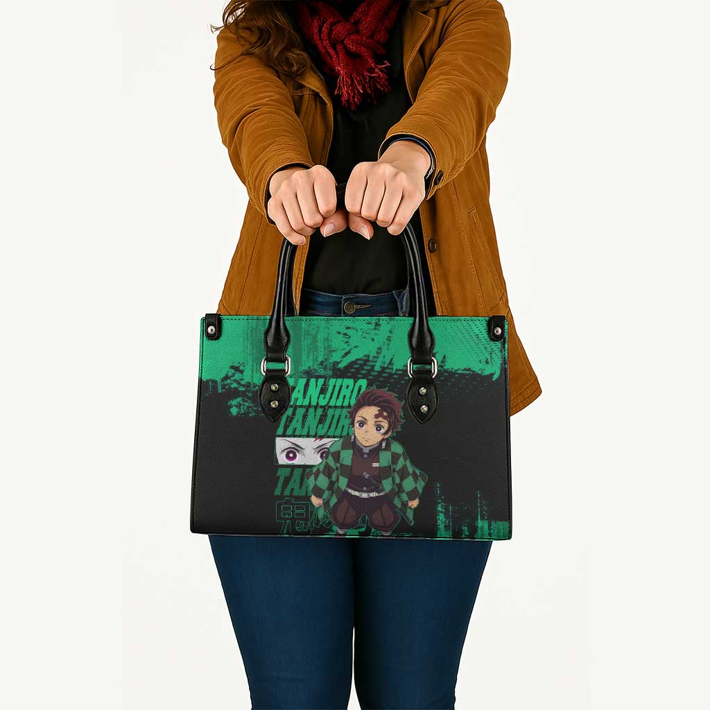 Tanjiro Kamado Demon Slayer Green Grunge Design Leather Bag with Determined Eyes and Classic Checkered Haori - The Mazicc