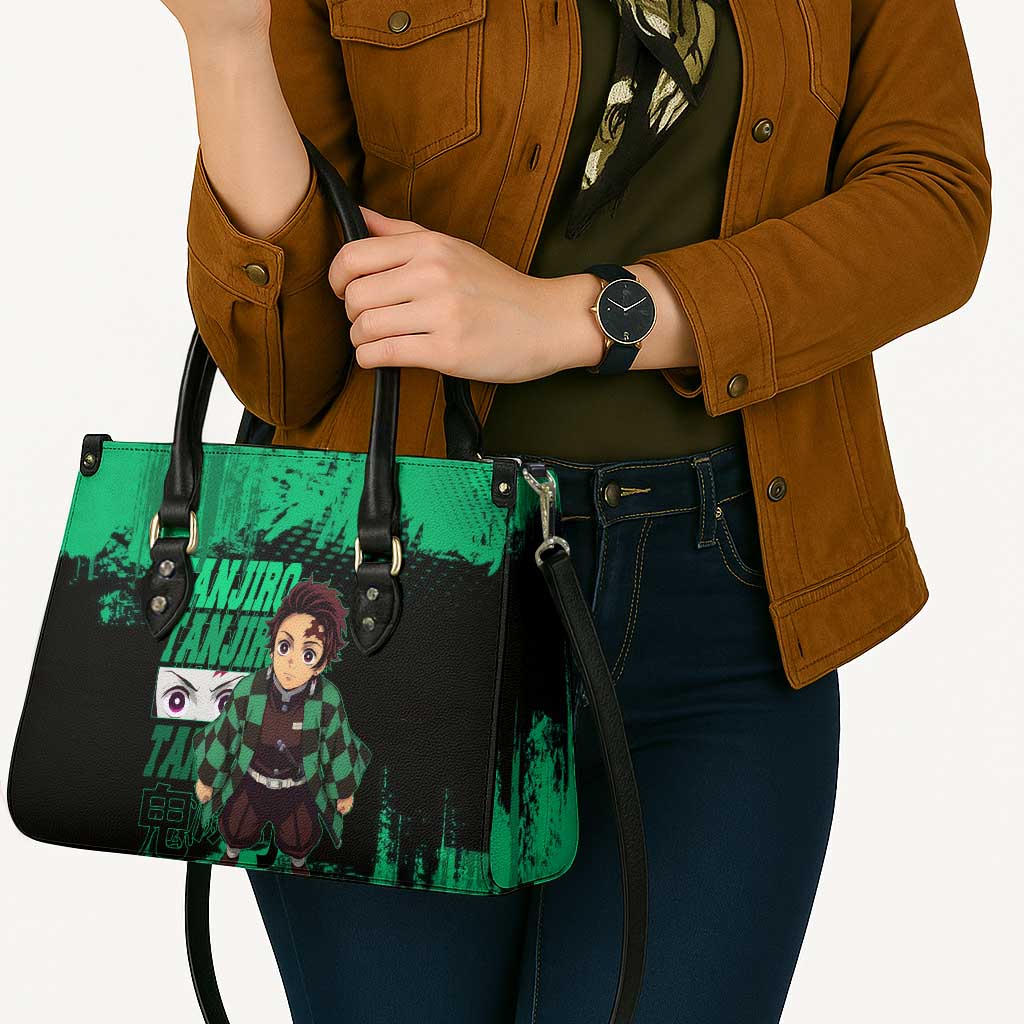Tanjiro Kamado Demon Slayer Green Grunge Design Leather Bag with Determined Eyes and Classic Checkered Haori - The Mazicc