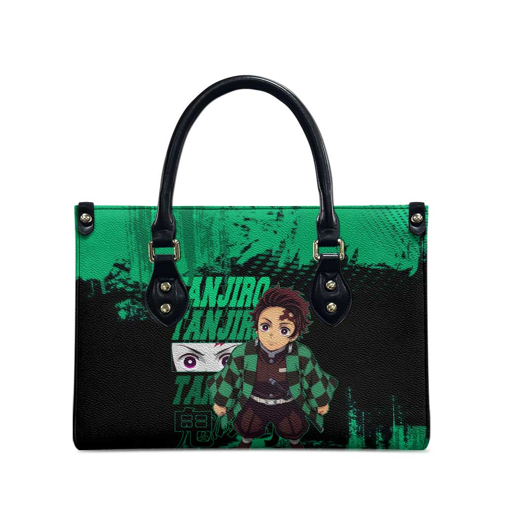 Tanjiro Kamado Demon Slayer Green Grunge Design Leather Bag with Determined Eyes and Classic Checkered Haori - The Mazicc