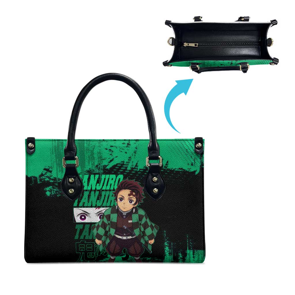 Tanjiro Kamado Demon Slayer Green Grunge Design Leather Bag with Determined Eyes and Classic Checkered Haori - The Mazicc