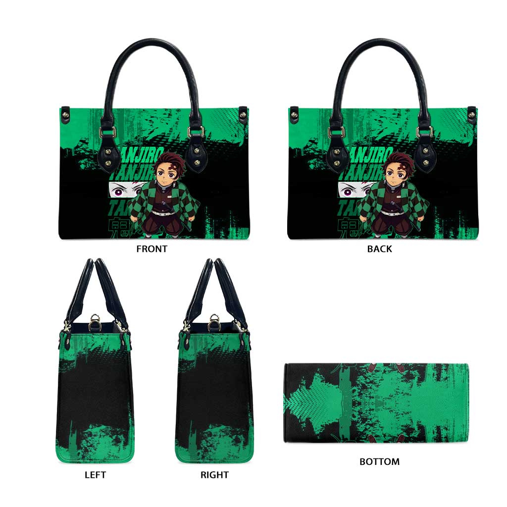 Tanjiro Kamado Demon Slayer Green Grunge Design Leather Bag with Determined Eyes and Classic Checkered Haori - The Mazicc