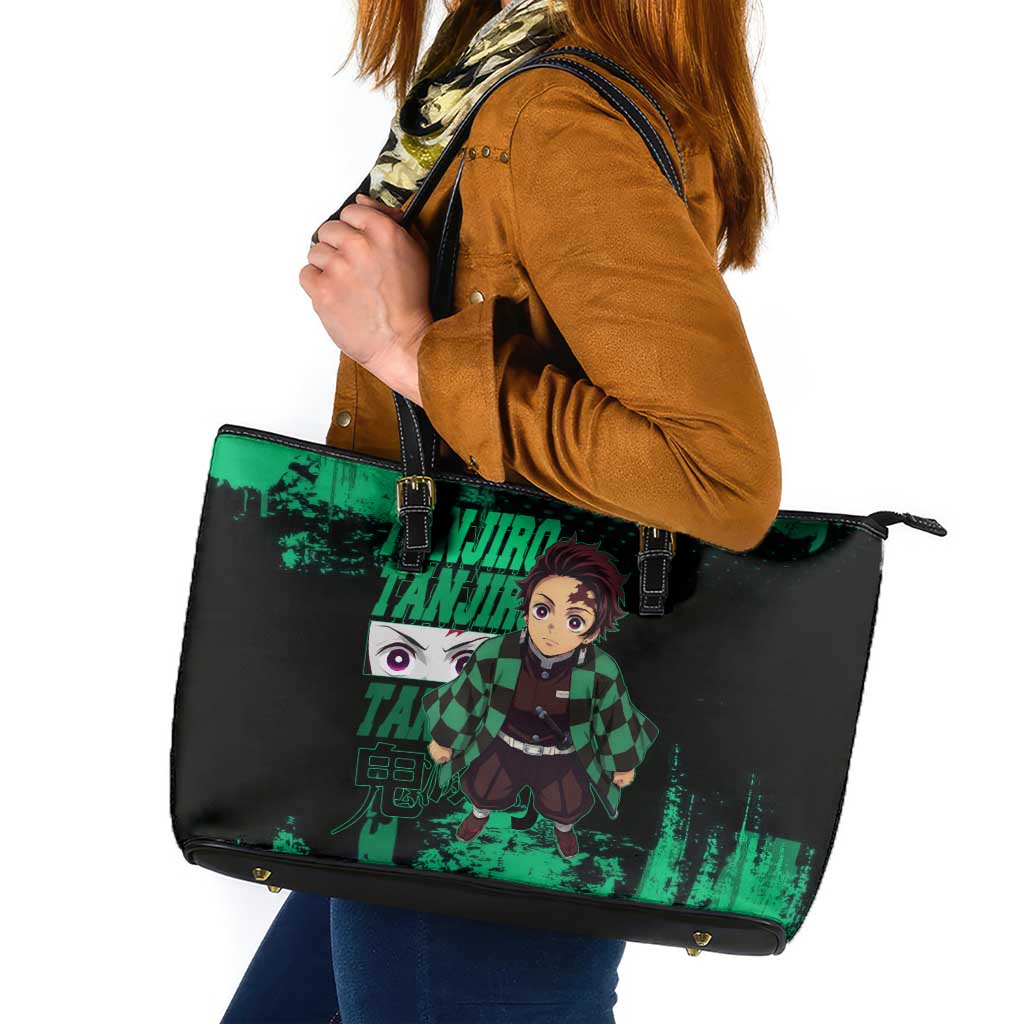Tanjiro Kamado Demon Slayer Green Grunge Design Leather Tote Bag with Determined Eyes and Classic Checkered Haori - The Mazicc