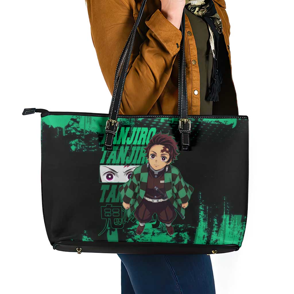 Tanjiro Kamado Demon Slayer Green Grunge Design Leather Tote Bag with Determined Eyes and Classic Checkered Haori - The Mazicc