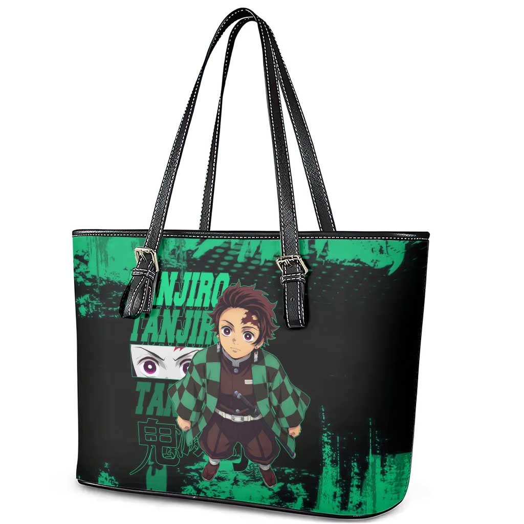 Tanjiro Kamado Demon Slayer Green Grunge Design Leather Tote Bag with Determined Eyes and Classic Checkered Haori - The Mazicc