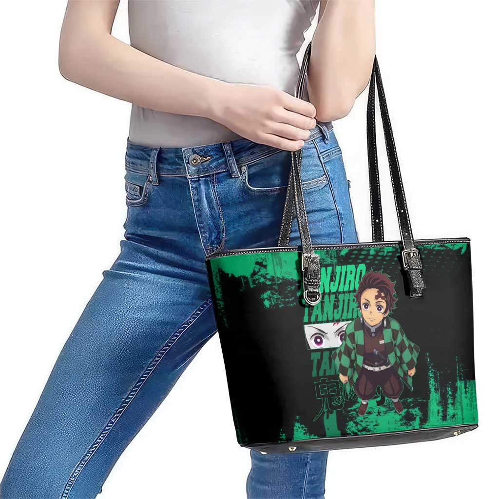 Tanjiro Kamado Demon Slayer Green Grunge Design Leather Tote Bag with Determined Eyes and Classic Checkered Haori - The Mazicc