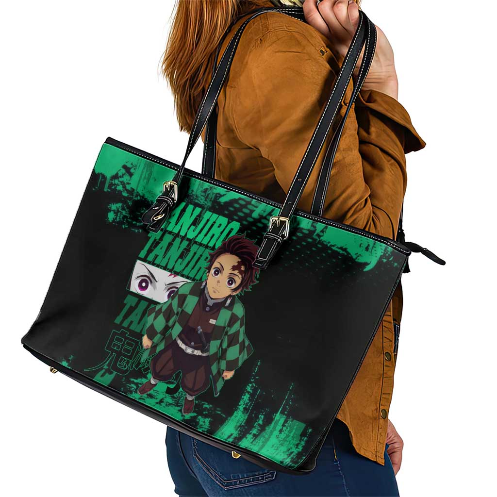 Tanjiro Kamado Demon Slayer Green Grunge Design Leather Tote Bag with Determined Eyes and Classic Checkered Haori - The Mazicc