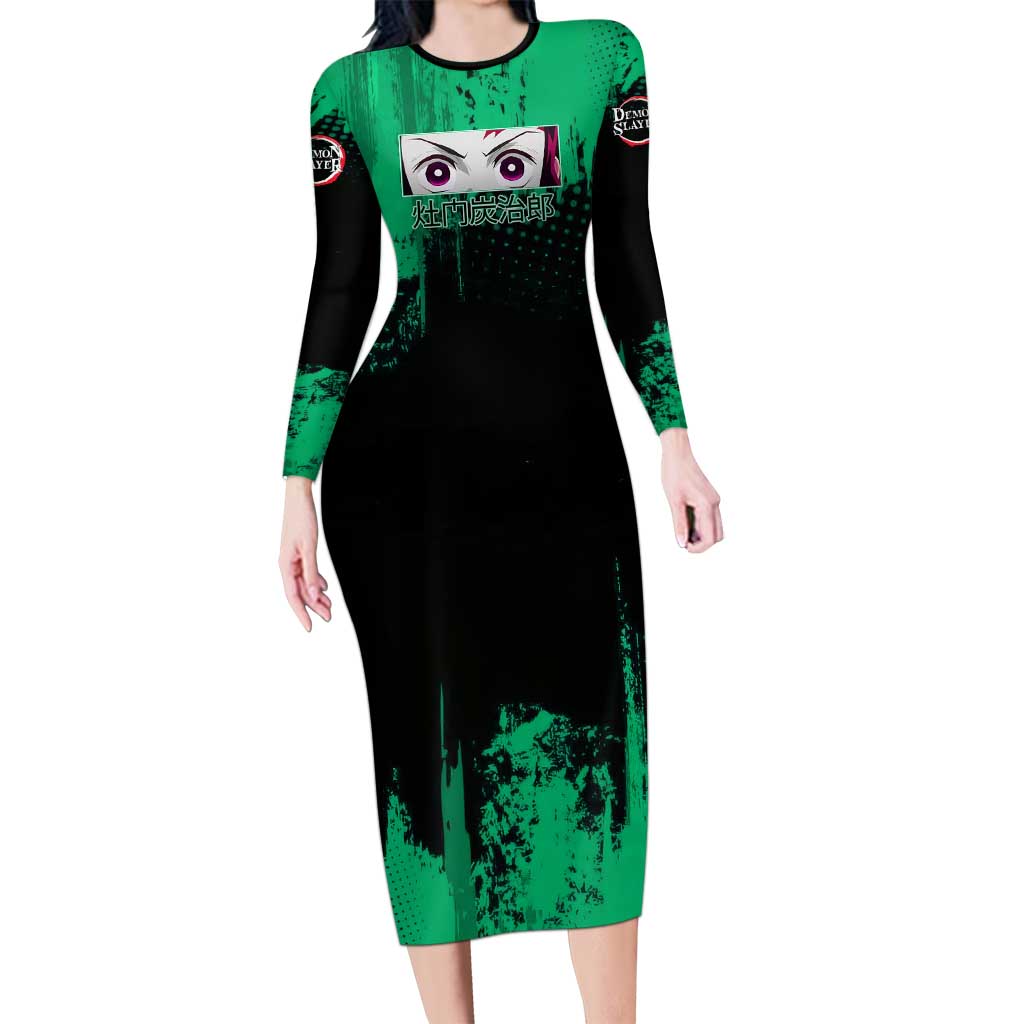 Tanjiro Kamado Demon Slayer Green Grunge Design Long Sleeve Bodycon Dress with Determined Eyes and Classic Checkered Haori - The Mazicc