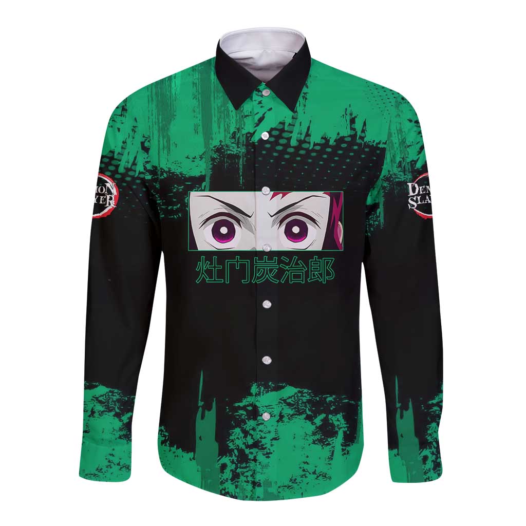 Tanjiro Kamado Demon Slayer Green Grunge Design Long Sleeve Button Shirt with Determined Eyes and Classic Checkered Haori - The Mazicc