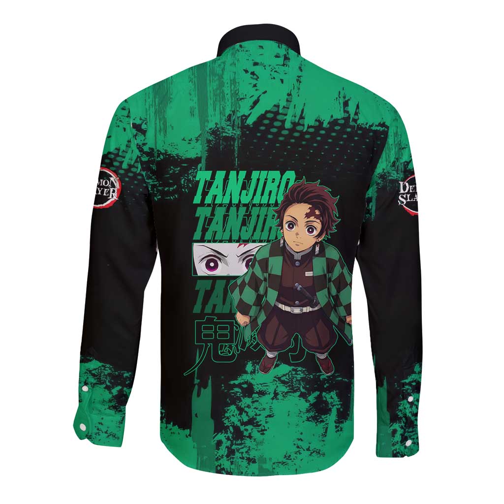 Tanjiro Kamado Demon Slayer Green Grunge Design Long Sleeve Button Shirt with Determined Eyes and Classic Checkered Haori - The Mazicc