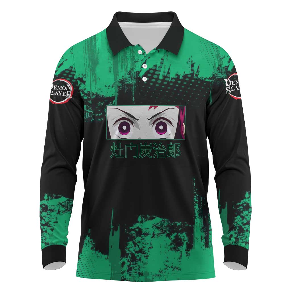 Tanjiro Kamado Demon Slayer Green Grunge Design Long Sleeve Polo Shirt with Determined Eyes and Classic Checkered Haori - The Mazicc