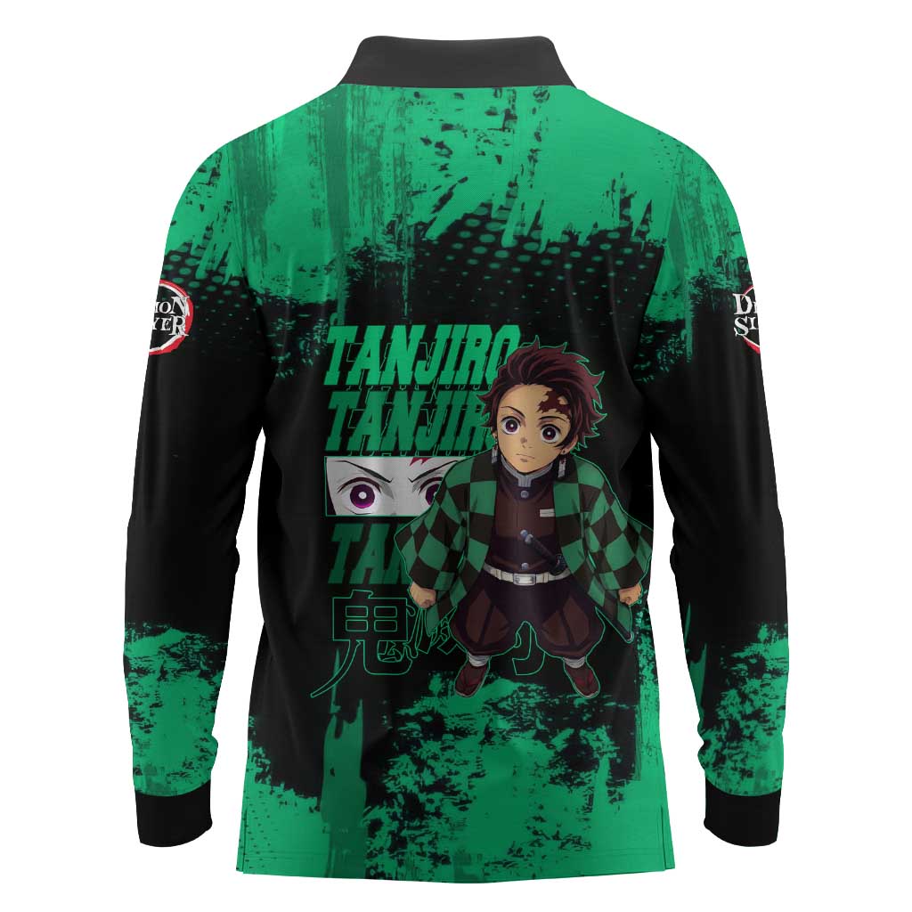 Tanjiro Kamado Demon Slayer Green Grunge Design Long Sleeve Polo Shirt with Determined Eyes and Classic Checkered Haori - The Mazicc