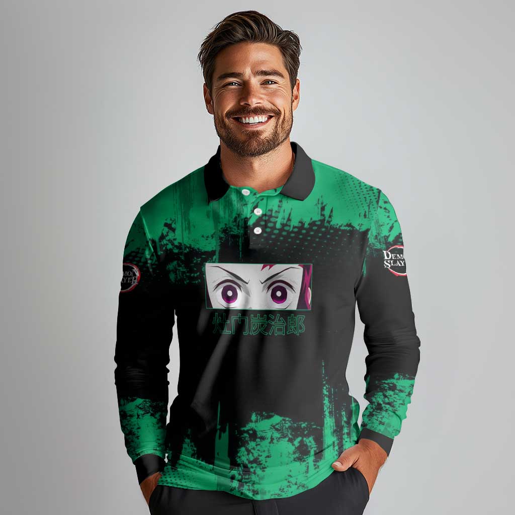 Tanjiro Kamado Demon Slayer Green Grunge Design Long Sleeve Polo Shirt with Determined Eyes and Classic Checkered Haori - The Mazicc