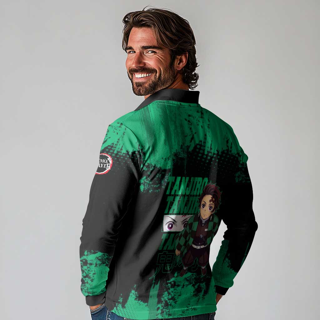 Tanjiro Kamado Demon Slayer Green Grunge Design Long Sleeve Polo Shirt with Determined Eyes and Classic Checkered Haori - The Mazicc