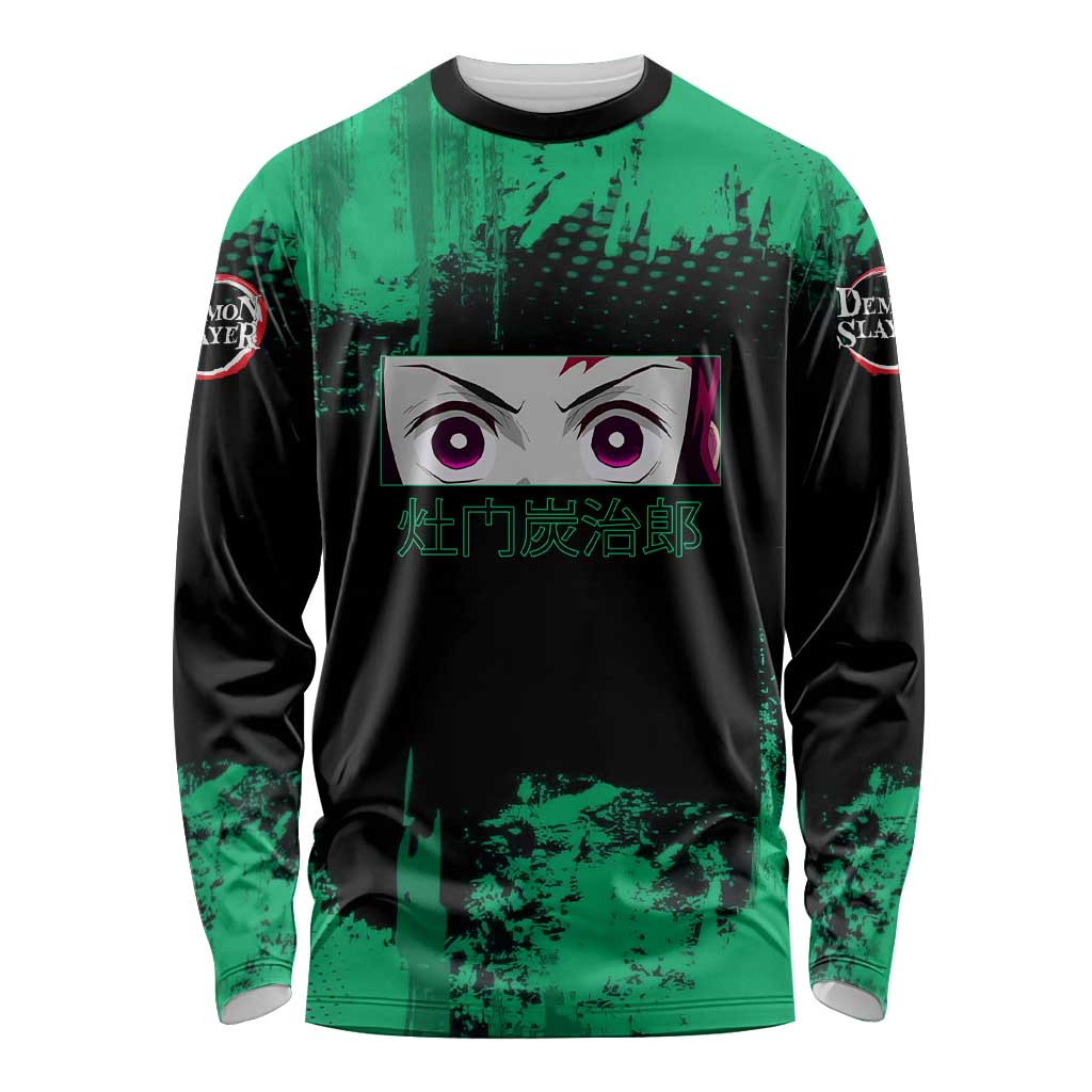 Tanjiro Kamado Demon Slayer Green Grunge Design Long Sleeve Shirt with Determined Eyes and Classic Checkered Haori - The Mazicc