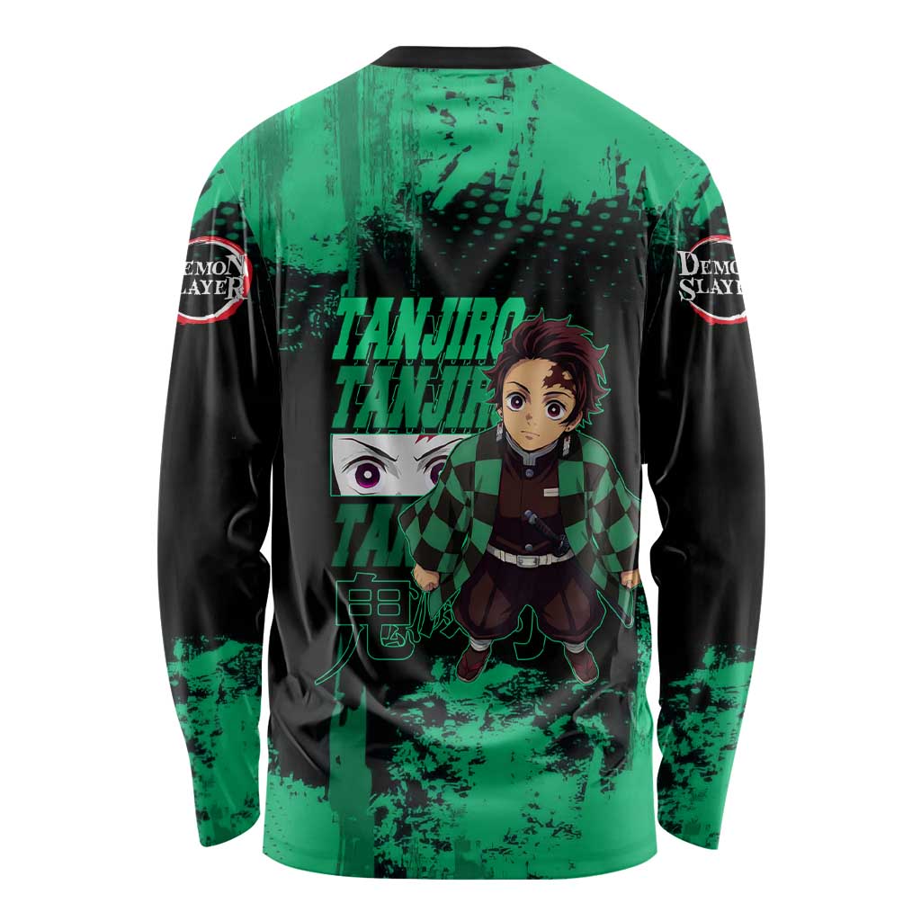 Tanjiro Kamado Demon Slayer Green Grunge Design Long Sleeve Shirt with Determined Eyes and Classic Checkered Haori - The Mazicc