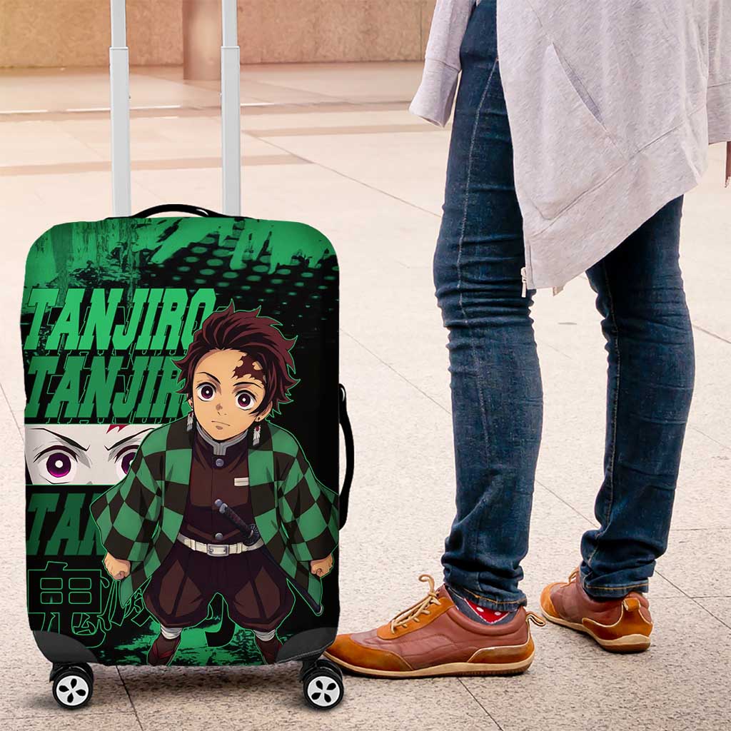 Tanjiro Kamado Demon Slayer Green Grunge Design Luggage Cover with Determined Eyes and Classic Checkered Haori - The Mazicc