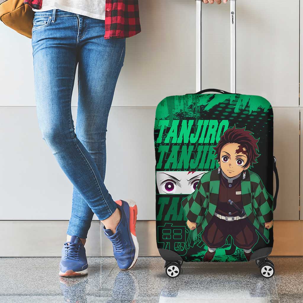 Tanjiro Kamado Demon Slayer Green Grunge Design Luggage Cover with Determined Eyes and Classic Checkered Haori - The Mazicc