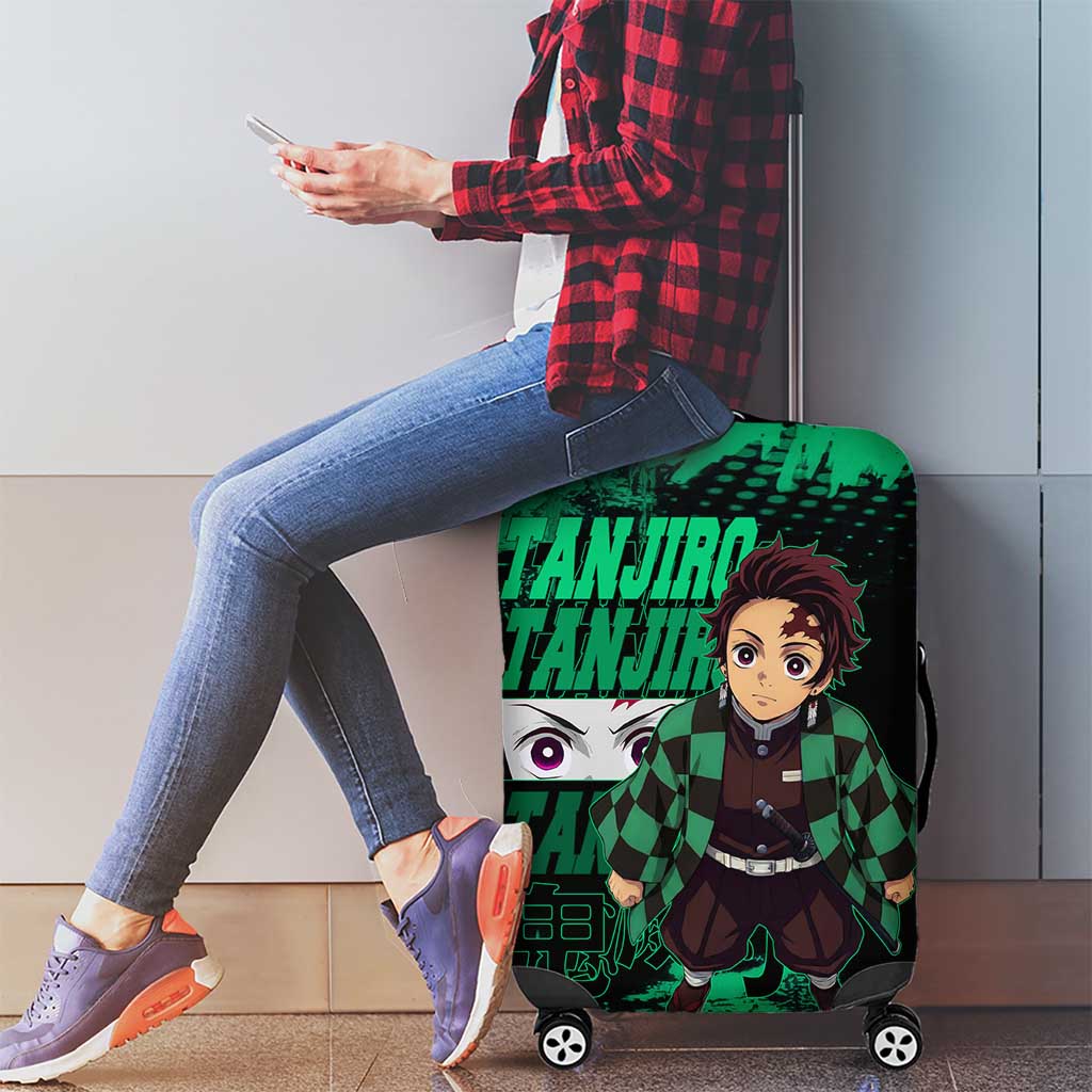 Tanjiro Kamado Demon Slayer Green Grunge Design Luggage Cover with Determined Eyes and Classic Checkered Haori - The Mazicc