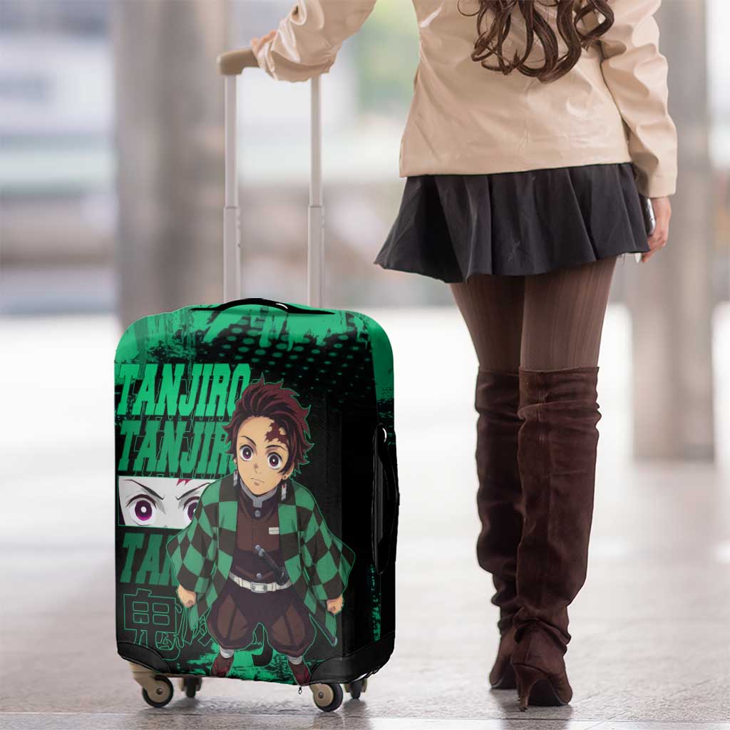 Tanjiro Kamado Demon Slayer Green Grunge Design Luggage Cover with Determined Eyes and Classic Checkered Haori - The Mazicc