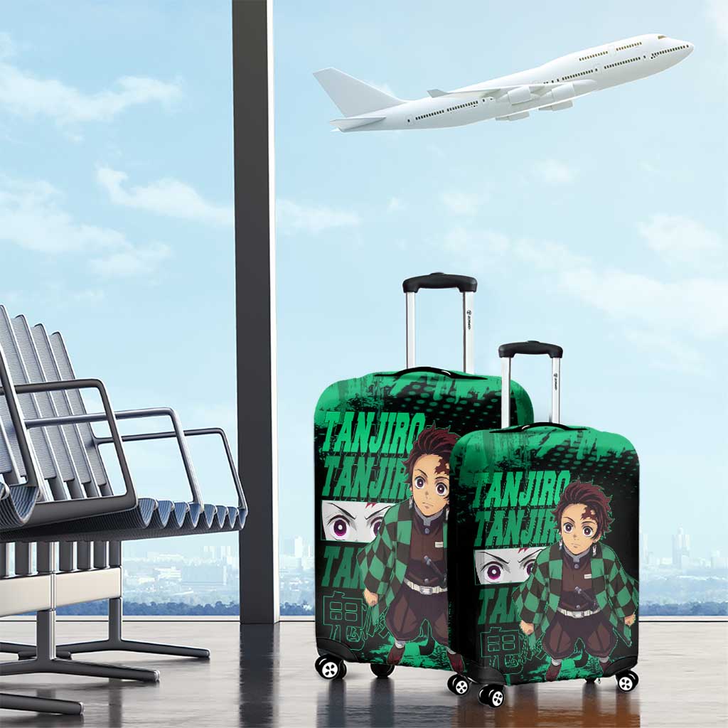 Tanjiro Kamado Demon Slayer Green Grunge Design Luggage Cover with Determined Eyes and Classic Checkered Haori - The Mazicc