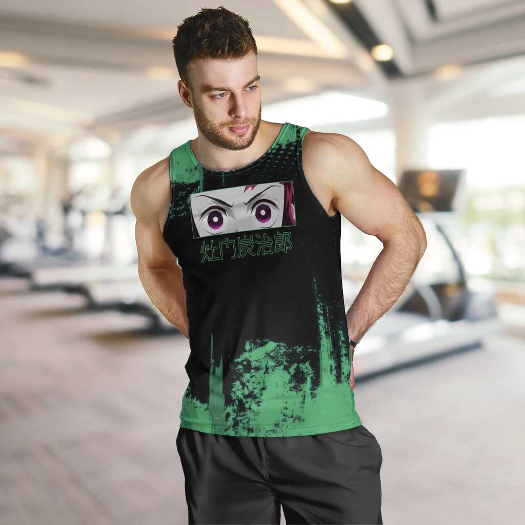 Tanjiro Kamado Demon Slayer Green Grunge Design Men Tank Top with Determined Eyes and Classic Checkered Haori - The Mazicc
