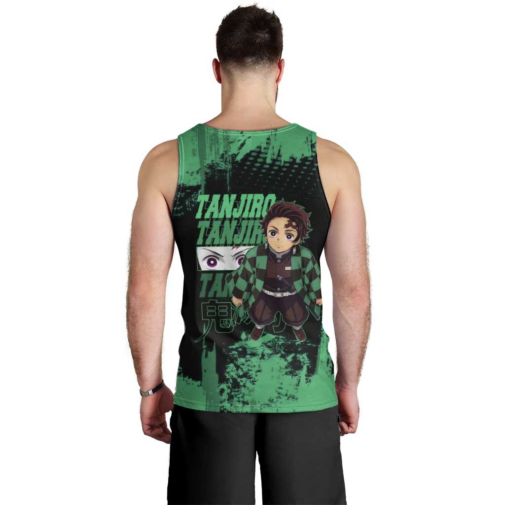 Tanjiro Kamado Demon Slayer Green Grunge Design Men Tank Top with Determined Eyes and Classic Checkered Haori - The Mazicc