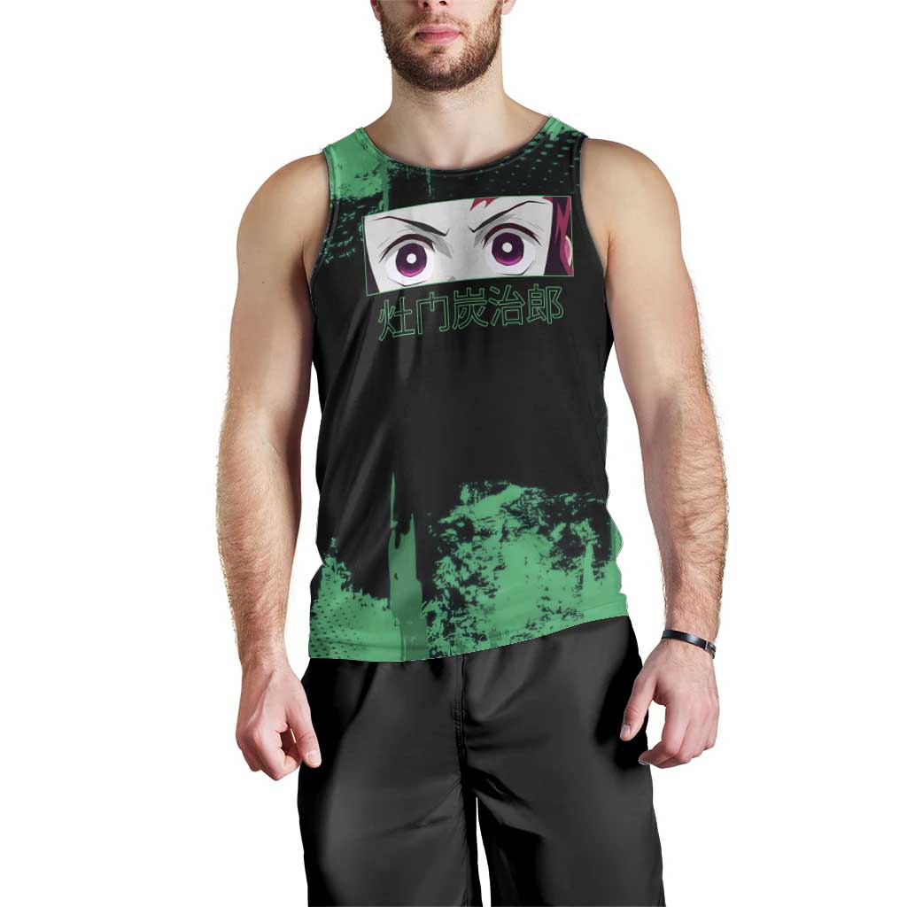 Tanjiro Kamado Demon Slayer Green Grunge Design Men Tank Top with Determined Eyes and Classic Checkered Haori - The Mazicc