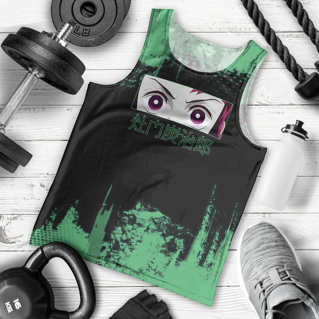 Tanjiro Kamado Demon Slayer Green Grunge Design Men Tank Top with Determined Eyes and Classic Checkered Haori - The Mazicc