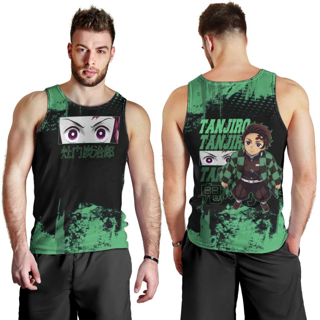Tanjiro Kamado Demon Slayer Green Grunge Design Men Tank Top with Determined Eyes and Classic Checkered Haori - The Mazicc