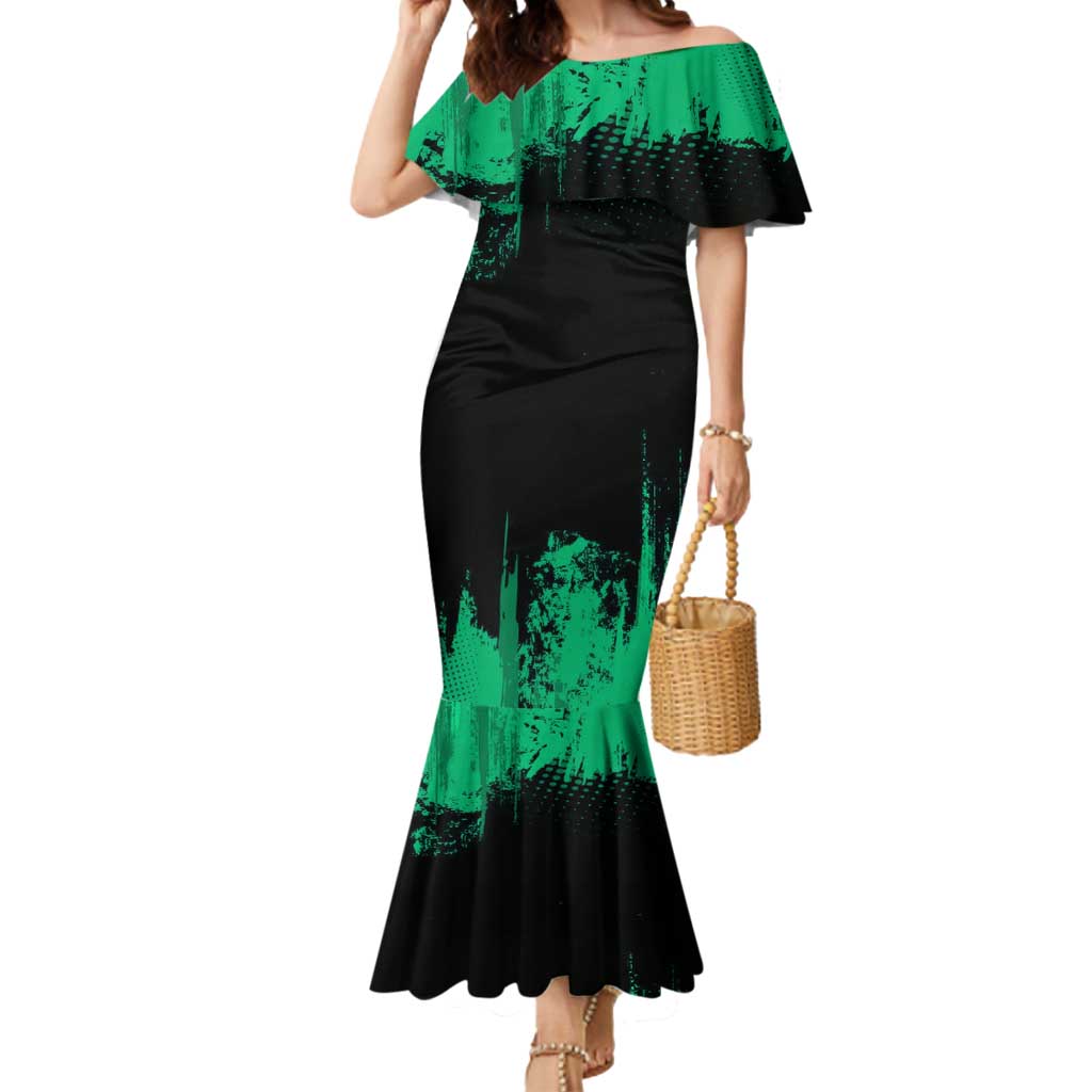 Tanjiro Kamado Demon Slayer Green Grunge Design Mermaid Dress with Determined Eyes and Classic Checkered Haori - The Mazicc