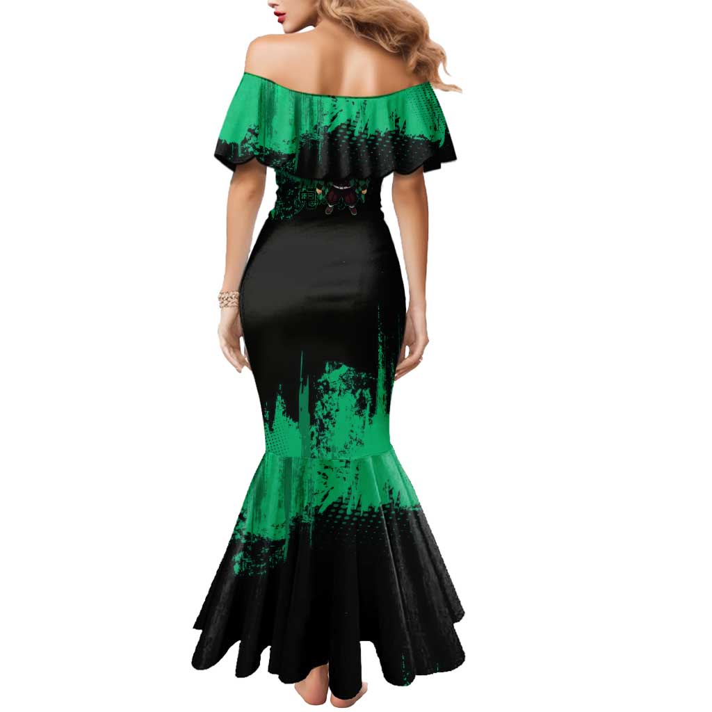Tanjiro Kamado Demon Slayer Green Grunge Design Mermaid Dress with Determined Eyes and Classic Checkered Haori - The Mazicc