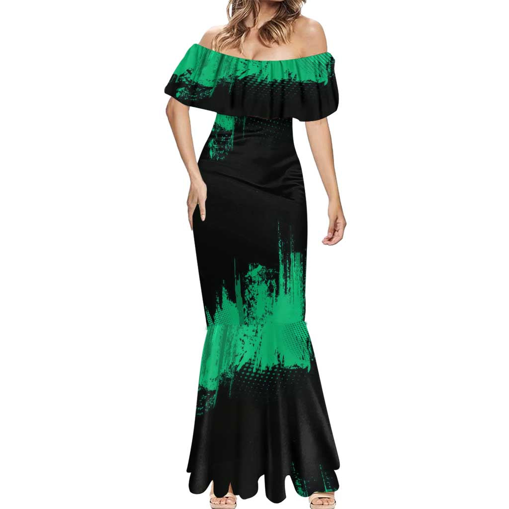 Tanjiro Kamado Demon Slayer Green Grunge Design Mermaid Dress with Determined Eyes and Classic Checkered Haori - The Mazicc