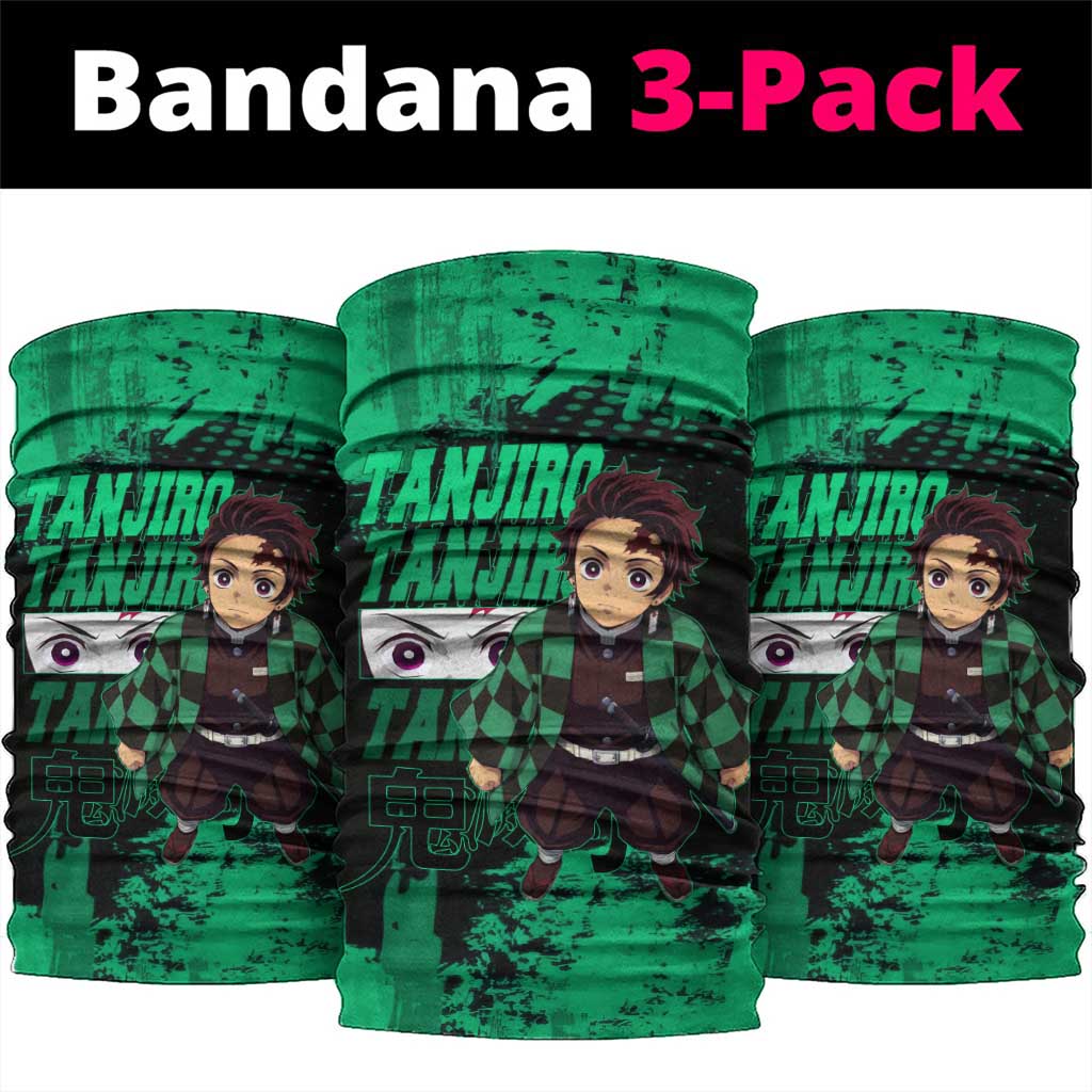 Tanjiro Kamado Demon Slayer Green Grunge Design Neck Gaiter with Determined Eyes and Classic Checkered Haori - The Mazicc