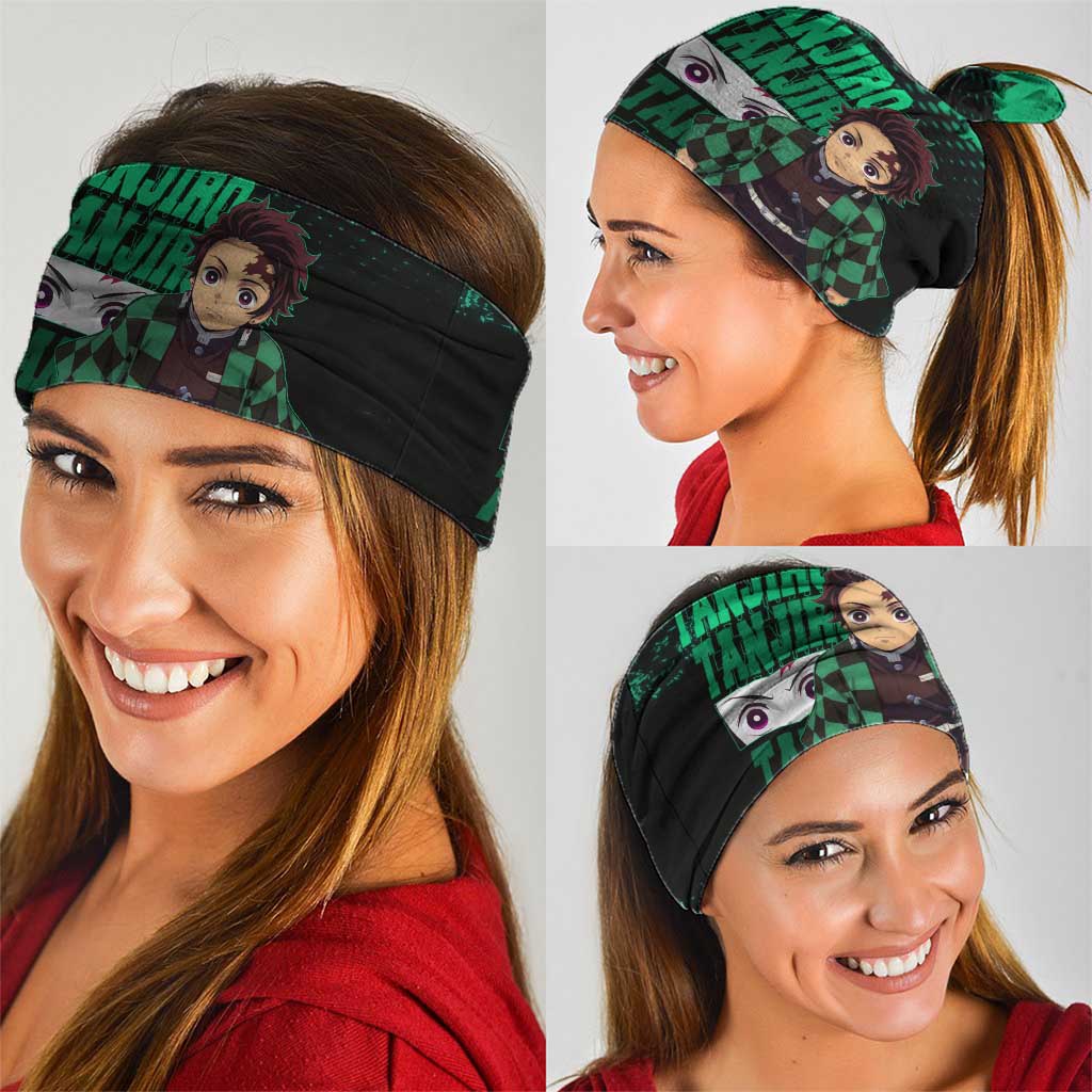 Tanjiro Kamado Demon Slayer Green Grunge Design Neck Gaiter with Determined Eyes and Classic Checkered Haori - The Mazicc