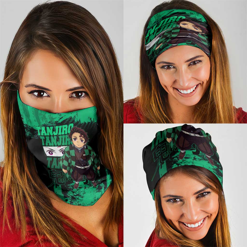 Tanjiro Kamado Demon Slayer Green Grunge Design Neck Gaiter with Determined Eyes and Classic Checkered Haori - The Mazicc