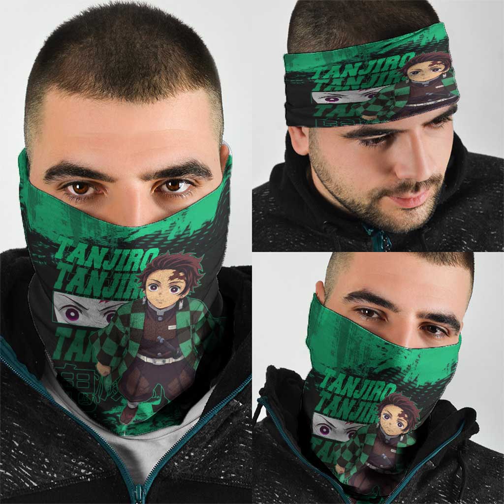 Tanjiro Kamado Demon Slayer Green Grunge Design Neck Gaiter with Determined Eyes and Classic Checkered Haori - The Mazicc