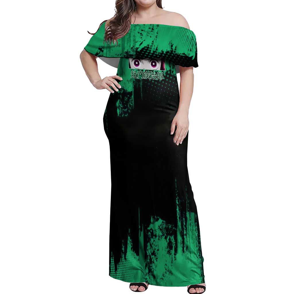 Tanjiro Kamado Demon Slayer Green Grunge Design Off Shoulder Maxi Dress with Determined Eyes and Classic Checkered Haori - The Mazicc