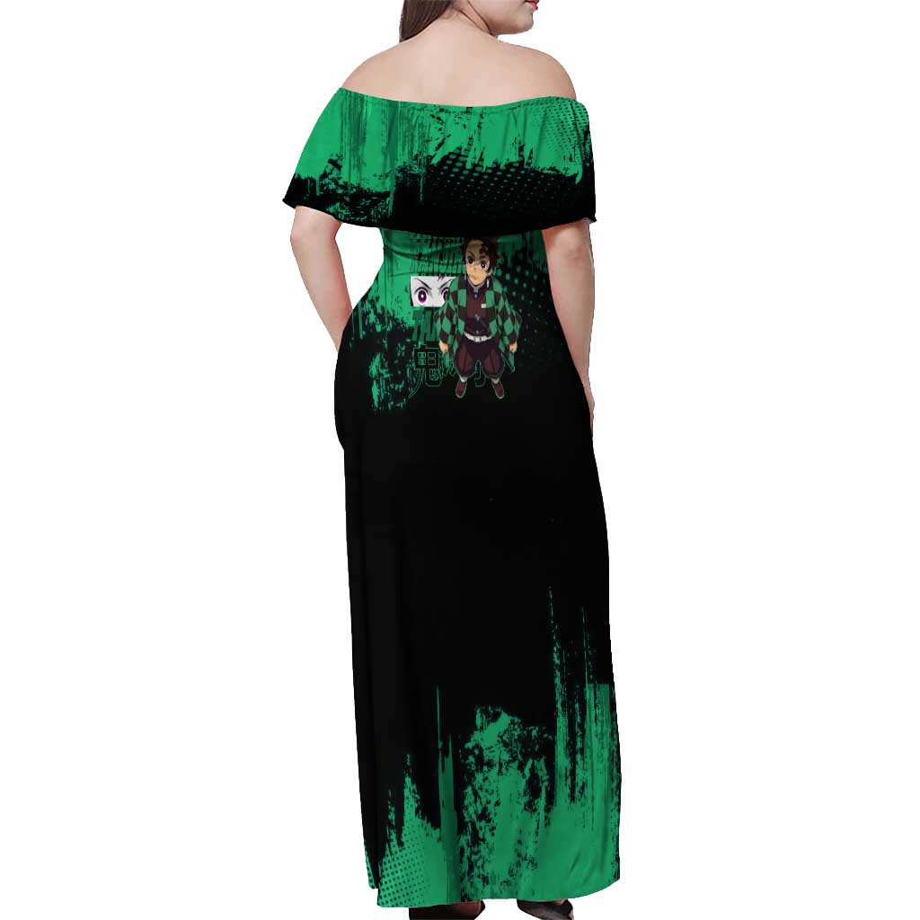 Tanjiro Kamado Demon Slayer Green Grunge Design Off Shoulder Maxi Dress with Determined Eyes and Classic Checkered Haori - The Mazicc