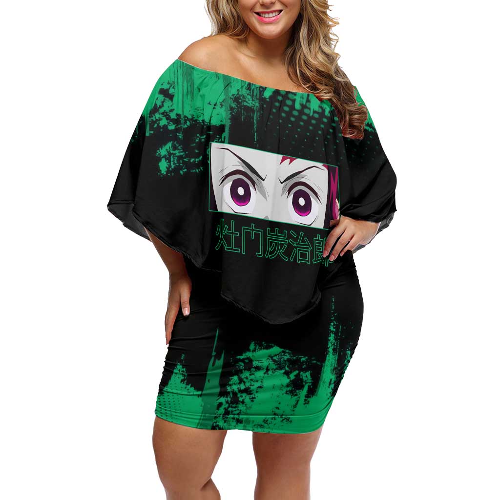 Tanjiro Kamado Demon Slayer Green Grunge Design Off Shoulder Short Dress with Determined Eyes and Classic Checkered Haori - The Mazicc